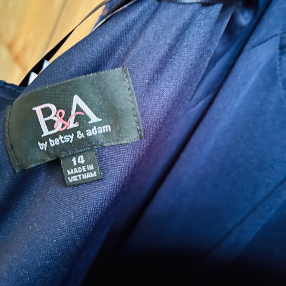 B&A By Betsy & Adam Lace-Sleeve Square-Neck Gown Women's 14 Navy Zip Closure~ - Picture 14 of 15